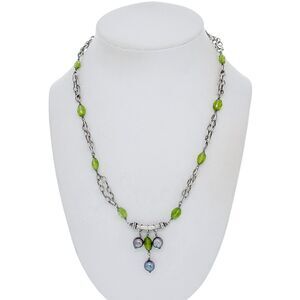Vintage Silver Tone Pearl and Prasiolite Dangle Necklace 19"